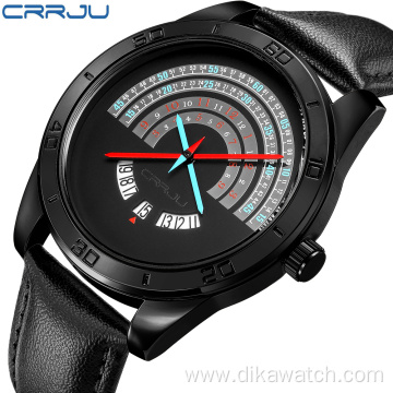 CRRJU Watch Men luxury Sports leather Funny Binary calendar Clock Japan Movement Waterproof Wrist Watch